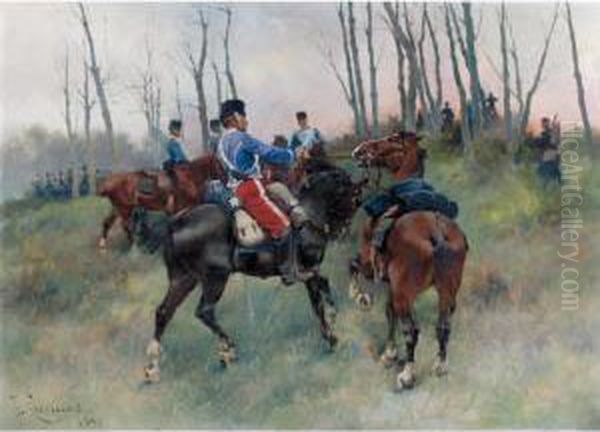 Soldados A Caballo (soldiers On Horseback) Oil Painting by Josep I Cusachscusachs