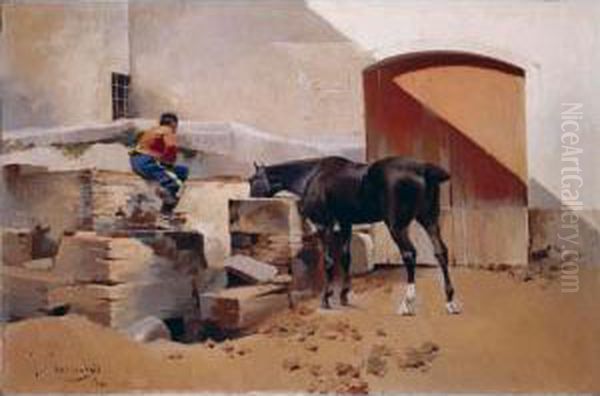 Patio De Cuadra (the Stableyard) Oil Painting by Josep I Cusachscusachs