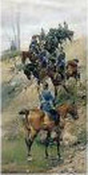 Lanceros Prusianos (prussian Lancers) Oil Painting by Josep I Cusachscusachs