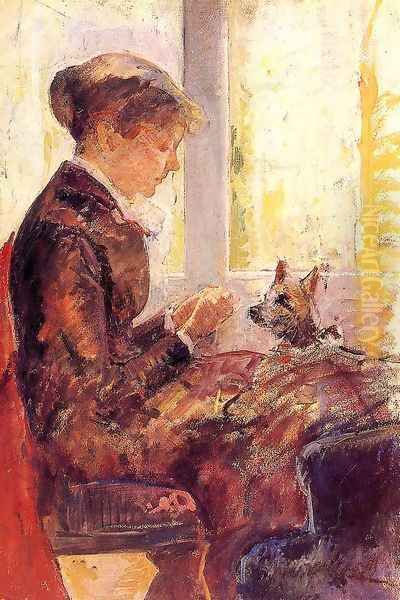 Woman By A Window Feeding Her Dog Oil Painting by Mary Cassatt