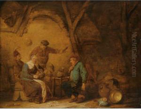 Peasants Smoking And Drinking In
 An Inn, A Still Life Of Earthenware Pots And A Copper Bowl To The Right Oil Painting by Benjamin Gerritsz. Cuyp