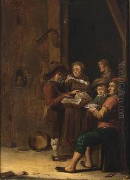 Five Figures In A Barn Interior Singing Oil Painting by Benjamin Gerritsz. Cuyp