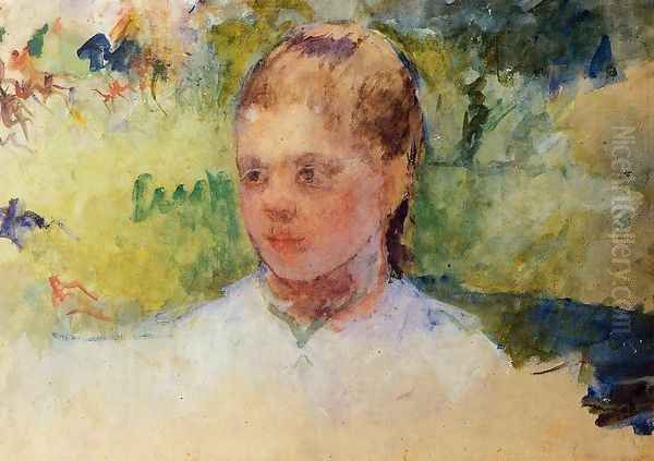 Girls Head Green Background Oil Painting by Mary Cassatt