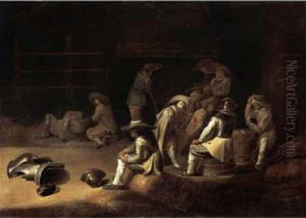 A Guardroom Interior, With Soldiers Relaxing, Playing Cards, And Smoking Oil Painting by Benjamin Gerritsz. Cuyp