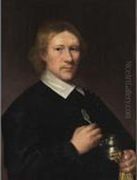 A Portrait Of A Dentist, Aged 
35, Half Length, Wearing A Black Coat With White Collar, Holding A 
Silver Tongue-spatula In His Right Hand, And A Silver Box Under His Left
 Arm Oil Painting by Benjamin Gerritsz. Cuyp