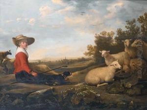 A Shepherdess With Her Sheep In An Extensivelandscape, A View To A Town Beyond Oil Painting by Jacob Gerritsz. Cuyp