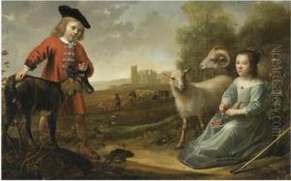 Portrait Of A Young Boy And A 
Young Girl With A Goat And Two Sheepin An Italianate Landscape, A 
Herdsman With His Cattle By Ruinsbeyond Oil Painting by Jacob Gerritsz. Cuyp