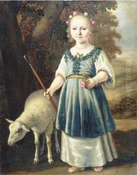 Portrait Of A Young Girl Dressed
 As A Shepherdess, In A White Dresswith A Light Blue Pinafore Set With 
Leaf Motifs, A Pearl Necklace,her Hair Set With Roses, In A Landscape 
With A Sheep Oil Painting by Jacob Gerritsz. Cuyp