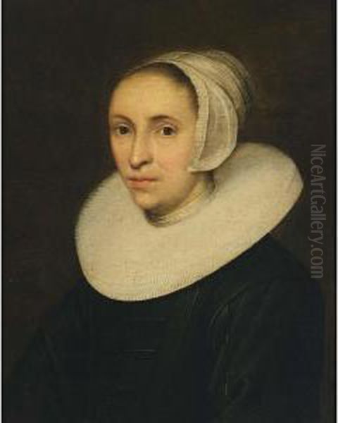 A Portrait Of A Lady, Aged 42, 
Bust Length, Wearing A Black Dress With A White Lace Millstone Collar 
And A White Cap Oil Painting by Jacob Gerritsz. Cuyp