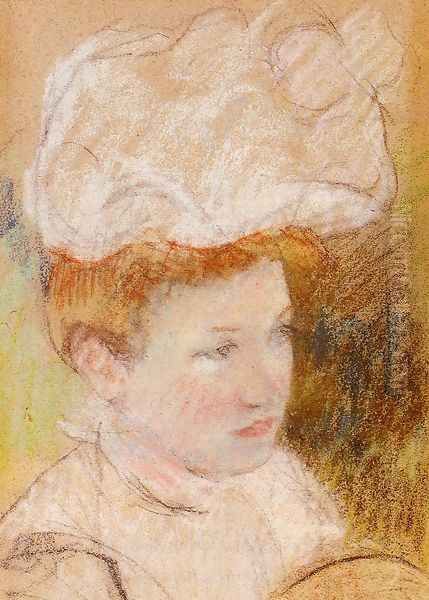 Leontine In A Pink Fluffy Hat Oil Painting by Mary Cassatt