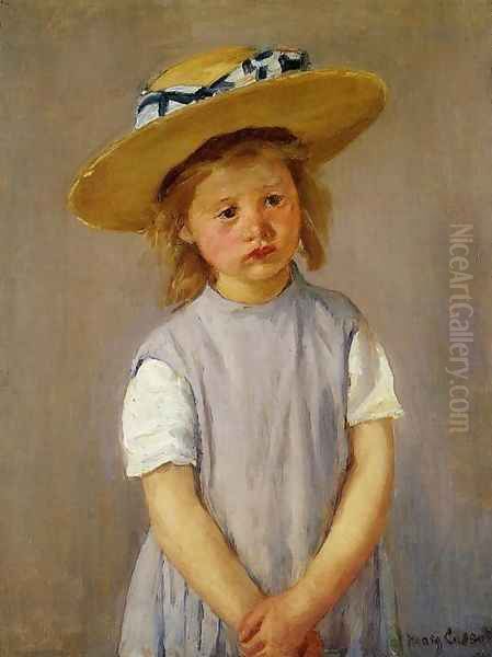 Little Girl In A Big Straw Hat And A Pinnafore Oil Painting by Mary Cassatt