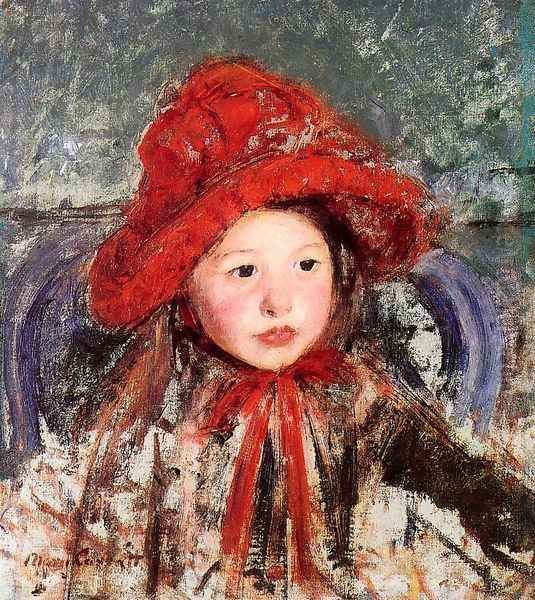 Little Girl In A Large Red Hat Oil Painting by Mary Cassatt