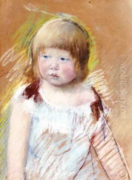 Child With Bangs In A Blue Dress Oil Painting by Mary Cassatt