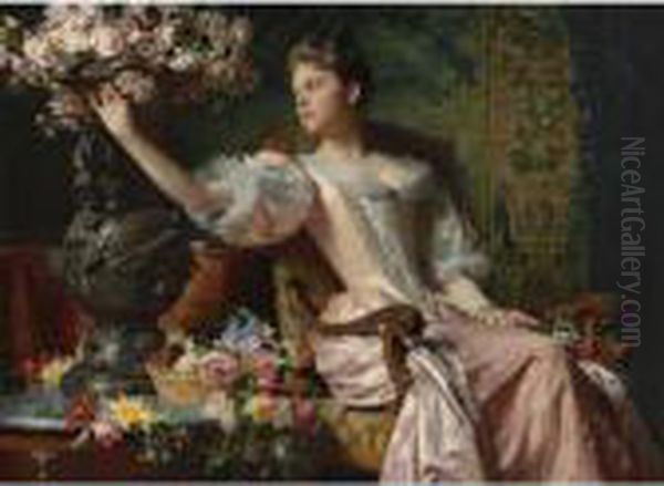 Young Beauty Amid The Conservatory Blossoms Oil Painting by Ladislas Wladislaw von Czachorski