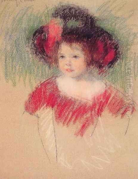 Margot In Big Bonnett And Red Dress Oil Painting by Mary Cassatt