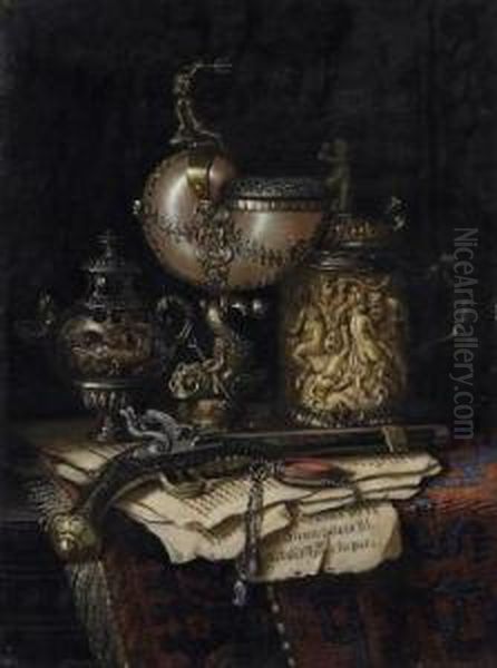 Still Life With A Nautilus Vase, A Sculptured Tankard As Well As A Revolver. Oil Painting by Ernst Czernotzky