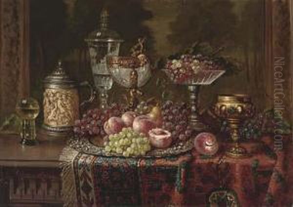 A Salver Of Fruit And Various Vessels On A Draped Table Oil Painting by Ernst Czernotzky