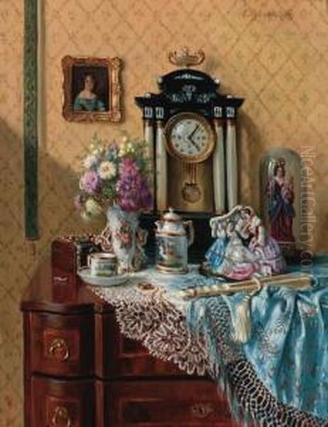 Ornaments On A Dresser In An Interior Oil Painting by Ernst Czernotzky