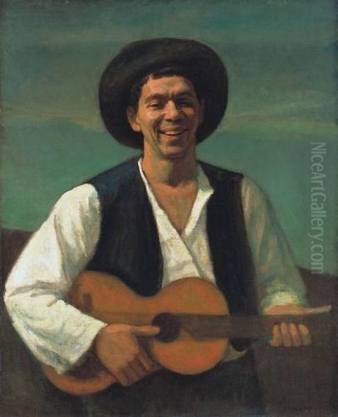 Self-portrait With Guitar Oil Painting by Dezso Czigany