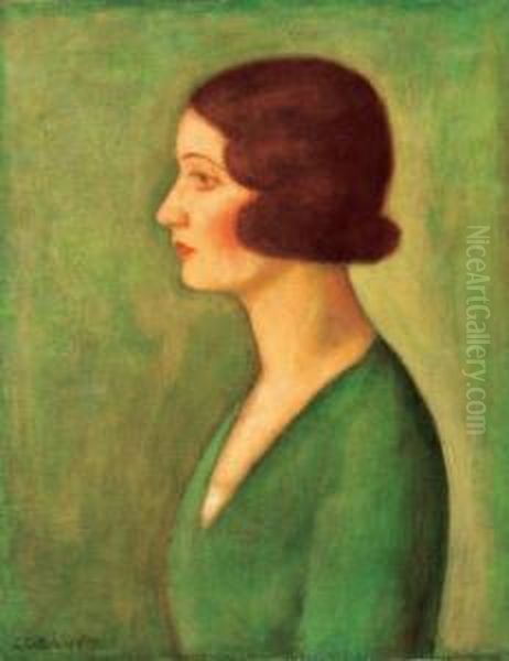 Lady In Green Blouse Oil Painting by Dezso Czigany