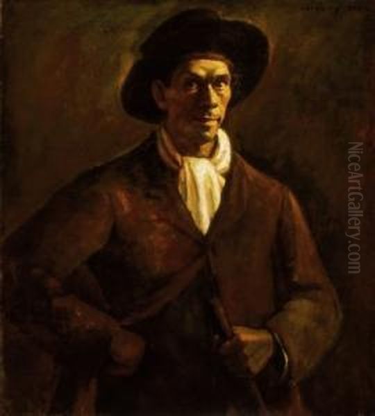 Self -portrait In Hat (in The Light Of Fire) Oil Painting by Dezso Czigany