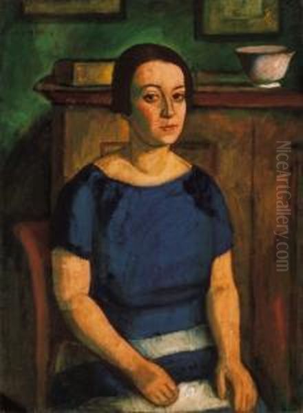 Girl In A Blue Dress Oil Painting by Dezso Czigany