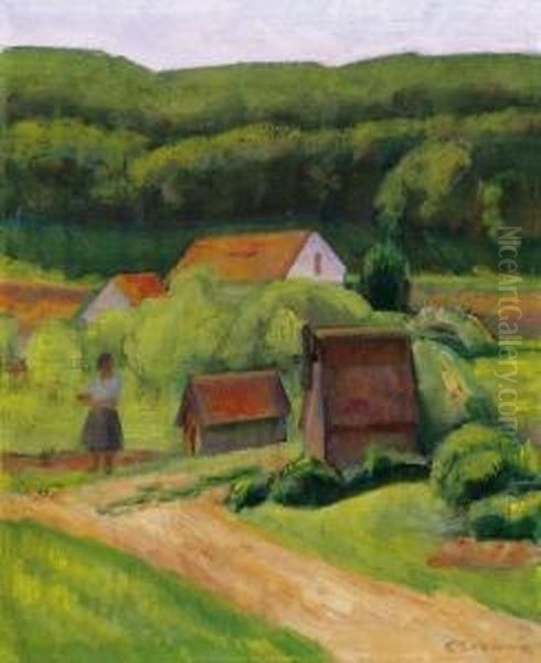 Landscape With Red Roofs Oil Painting by Dezso Czigany