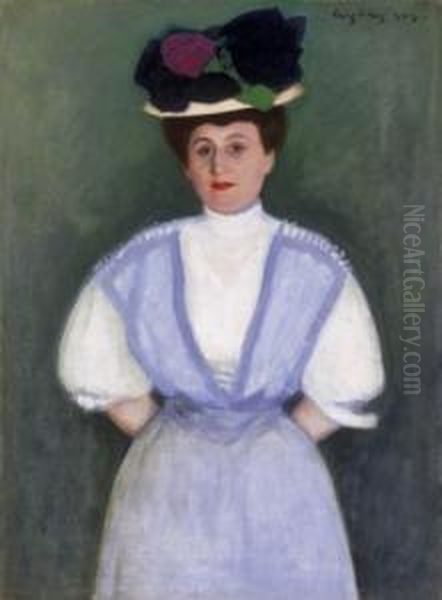 Lady In A Hat With Violets Oil Painting by Dezso Czigany