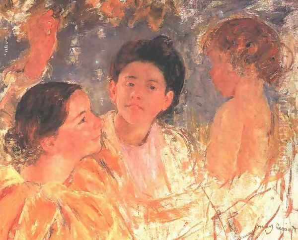 Two Young Girls With A Child Oil Painting by Mary Cassatt