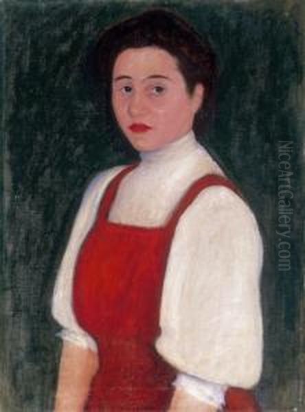 Red - Dressed Girl In Front Of Green Background Oil Painting by Dezso Czigany