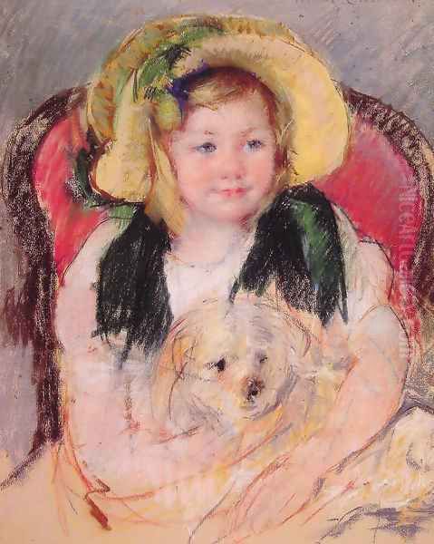 Sara With Her Dog In An Armchair Wearing A Bonnet With A Plum Ornament Oil Painting by Mary Cassatt