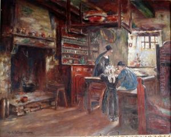 Interieur Breton Oil Painting by Henry D Estienne