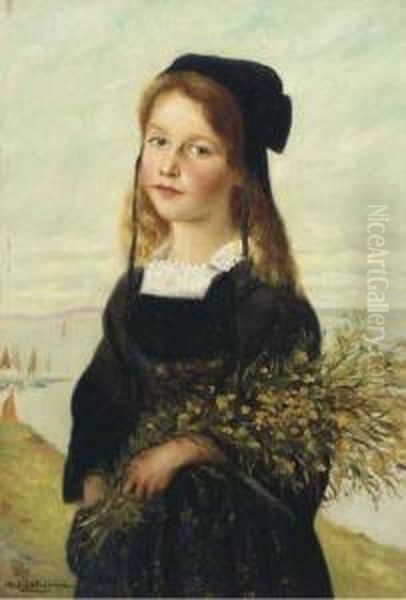 Girl With Yellow Flowers Oil Painting by Henry D Estienne