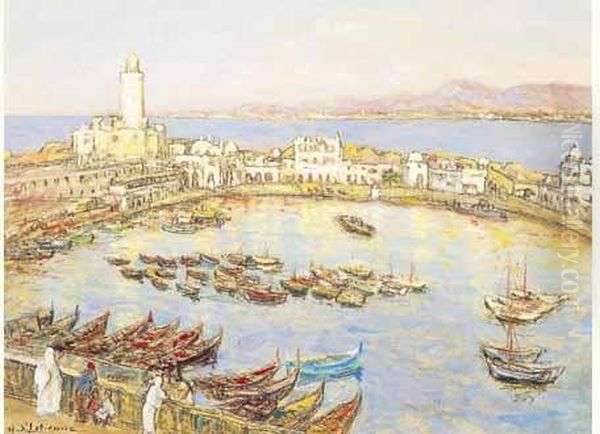 Bassin De L'amiraute D'alger Au Crepuscule. Oil Painting by Henry D Estienne