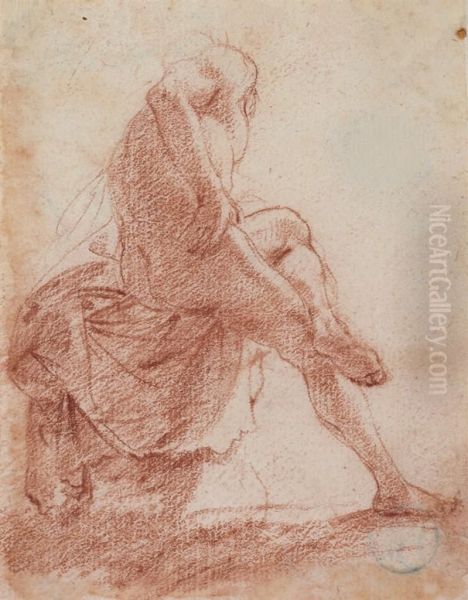 A Seated Male Nude Seen From Behind Oil Painting by Filippo D Angeli