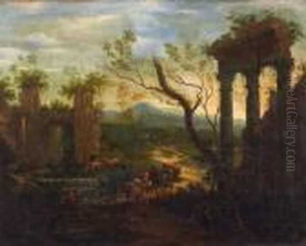 Landscape With Ruins And Travellers Oil Painting by Filippo D Angeli