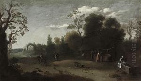 A Wooded Italianate Landscape With Washerwomen In The Foreground Oil Painting by Filippo D Angeli