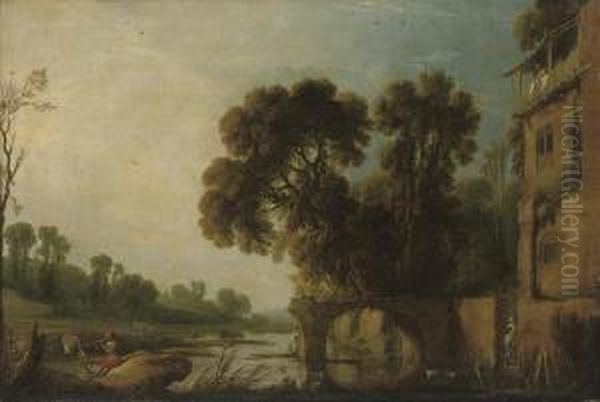 An Italianate River Landscape With A Herdsman And Cattlewatering Oil Painting by Filippo D Angeli