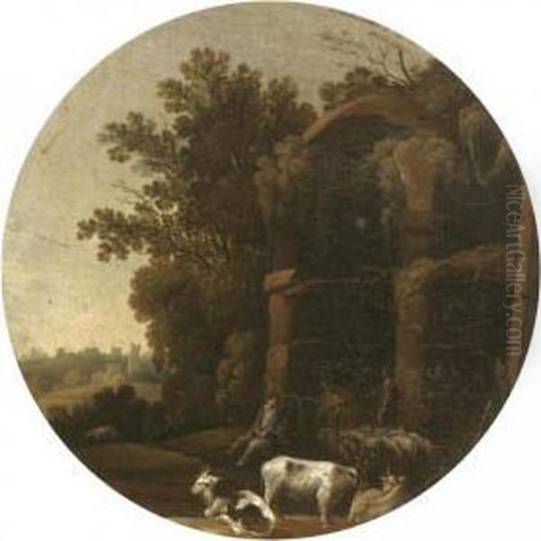 An Italianate Landscape With Drovers And Their Animals Resting Before Classical Ruins Oil Painting by Filippo D Angeli