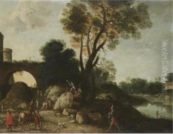 A Classical Landscape With 
Cavaliers In The Foreground, A Woodcutter Felling A Tree Beyond Oil Painting by Filippo D Angeli