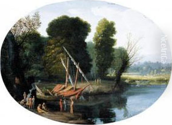 An Italianate River Landscape With Figures Gathered Round A Fire, Boats Moored Nearby Oil Painting by Filippo D Angeli