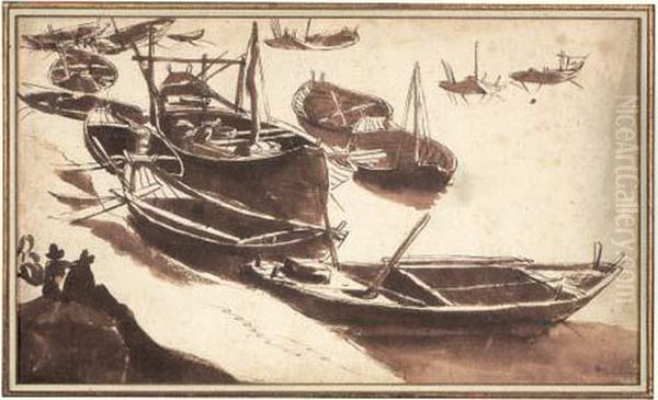 Barques Au Mouillage Avec Deux Personnages Oil Painting by Filippo D Angeli