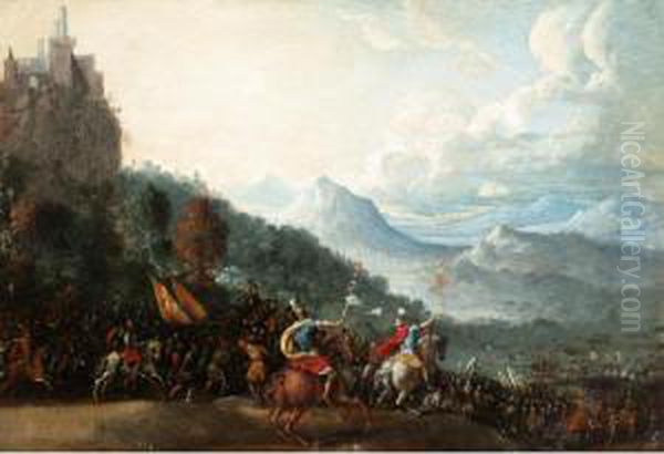 Extensive Mountainous Landscape Witha Roman Army Marching Into Battle Oil Painting by Filippo D Angeli