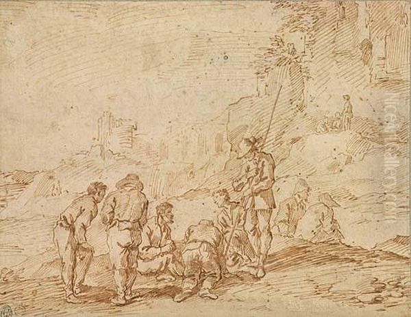 Landscape With Peasants And Ruins Oil Painting by Filippo D Angeli