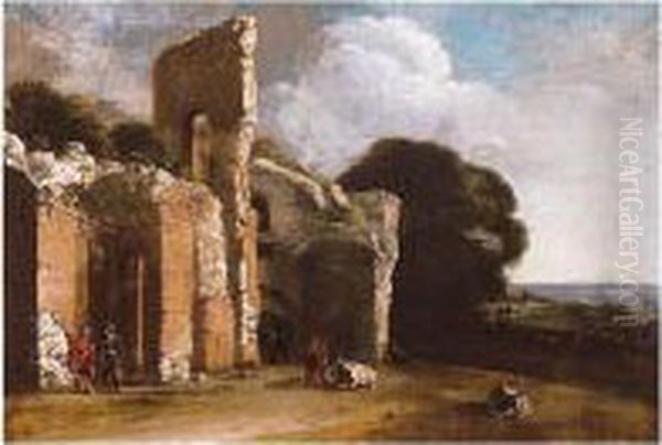 Landscape With Ruins, Peasants And Cattle Oil Painting by Filippo D Angeli