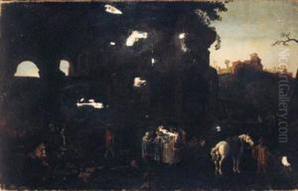 An Elegant Party Visiting A Gypsy Encampment In A Grotto Oil Painting by Filippo D Angeli