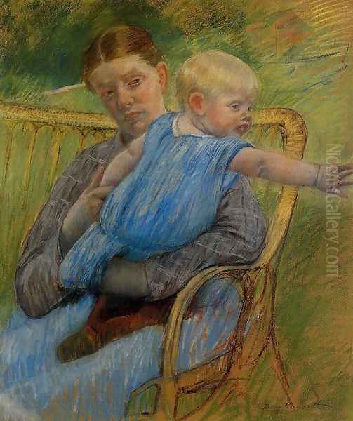 Mathilde Holding A Baby Who Reaches Out To The Right Oil Painting by Mary Cassatt