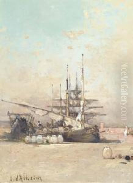 Unloading The Cargo Oil Painting by Jean D'Alheim