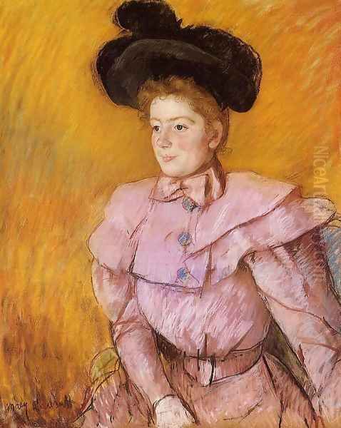 Woman In A Black Hat And A Raspberry Pink Costume Oil Painting by Mary Cassatt