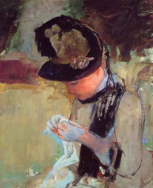 Young Woman Sewing In The Garden Oil Painting by Mary Cassatt